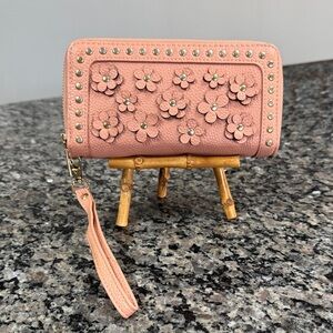 Under One Sky Coral Pink Floral Stud Zip Wristlet with Detachable Strap